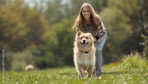 Happy Girl Enjoying a Sunny Day Playing With Her Dog in a Scenic Field