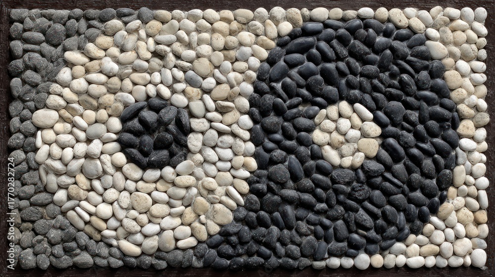 Naklejka premium Yin yang symbol created with pebbles of different colors texture background