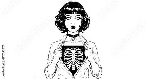 Bold Woman Revealing Ribcage Artwork in Striking Monochrome: Empowered female figure unbuttoning a shirt to reveal a skeletal ribcage in a symbolic artistic illustration. Conceptual design, perfect fo