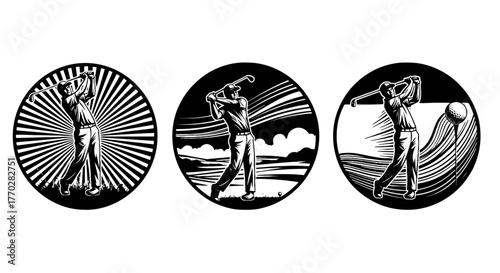 Dynamic Golf Swing Illustration: Golfer in Action on Scenic Course, Sport & Leisure Activity for Active Lifestyle & Competitive Spirit, Black and White Vector Graphics for Marketing, Advertising & Pre