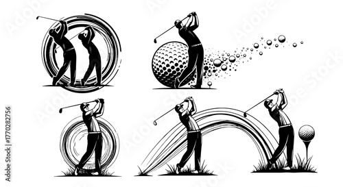 Dynamic Golfer Silhouette Swinging Club in Action on Course with Ball Flight, Golfing Competition, Sporty Lifestyle, Modern Graphics for Team Branding, Tournament Advertising, Presentation Design and