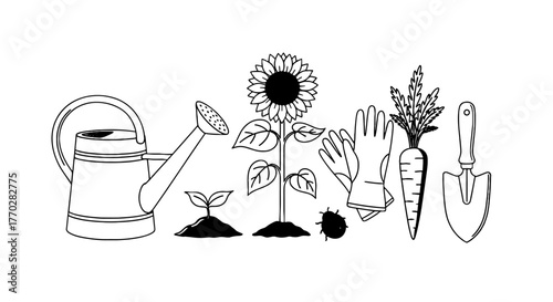 Illustrative Gardening Elements in Outline Style: Watering Can, Sprout, Sunflower, Beetle, Gloves, Carrot, and Trowel Depicting Home Gardening Activities for a Sustainable Lifestyle, Perfect for Educa