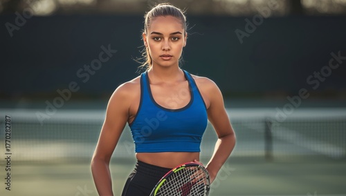 Young Athlete Poses Confidently on a Tennis Court During a Sunny Afternoon