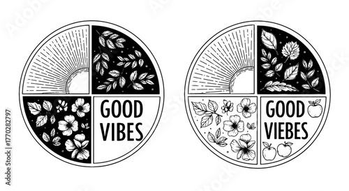 Whimsical Nature-Inspired Circle Designs Promoting Positivity and Good Vibes for Sustainable Living & Wellness Brands, Featuring Botanical Illustrations, Sun Rays, and Playful Typography for Eco-Frien