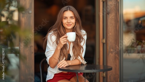 Young Woman Enjoying a Coffee While Sitting at an Outdoor Cafe in the Morning...