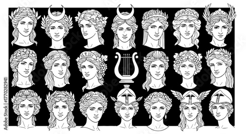 Classical Goddesses Line Art Collection: Ancient Greek & Roman Mythology Portraits in Ornamental Wreaths, Ideal for Educational Resources, Historical Presentations, Artistic Design Projects, Mythology