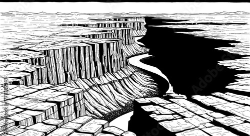 Grand Canyon Landscape Ink Drawing of a Majestic River Gorge Carved Through Layered Rock Formations, a Monochrome Illustration of Untamed Wilderness, Geological Marvel, Suitable for Travel Brochures a