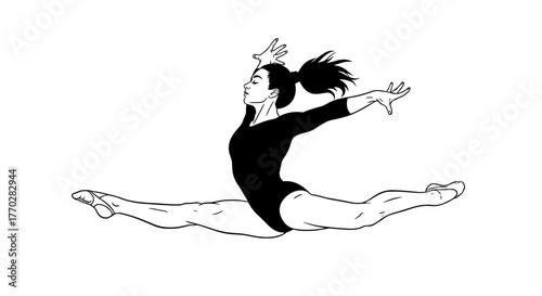 Elegant Gymnast Performing a Split Leap on Beam, Demonstrating Agility and Control in Training for Competitive Gymnastics, Suitable for Sports Marketing and Fitness Education Material and Athletic Pre