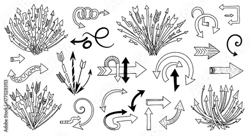 Set of Hand-Drawn Arrows Directing and Pointing in Various Directions, Representing Guidance, Navigation and Choices for Business Strategy, Education, and Growth, in a Doodle Style for Presentations,