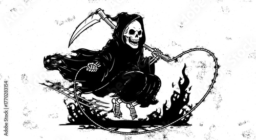Grim Reaper Wielding a Fiery Whip: A Dark Cartoon Illustration of Death in Action, Perfect for Halloween, Horror, and Fantasy Themes. Ideal for Graphic Design, T-shirts, Posters, and Edgy Art Projects