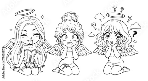 Three Cartoon Angel Girls Posing with Funny Expressions, Kneeling in a Whimsical Setting, Expressing Emotion and Attitude in an Outline Style for Coloring Books, Web Comics, Character Design, Vector I