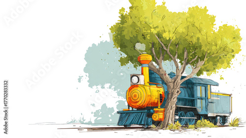 Vector illustration of a cartoon tree with a roller on a construction site with heavy industrial equipment like a yellow bulldozer and an excavator