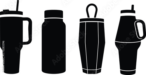 Silhouettes of different modern reusable water bottles, tumblers, and shakers with lids, straws, and handles, perfect for travel and daily hydration.