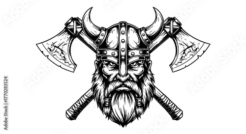 Viking Warrior Mascot with Crossed Axes - Fierce Nordic Barbarian in Helmet Ready for Battle, Engraving Style for Gaming, Sports Team Logos, Medieval History Illustrations & Tattoo Designs, Ideal for