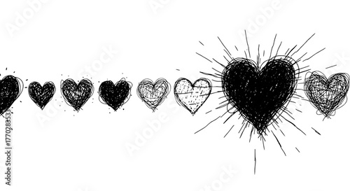 Artistic Heart Progression Drawn with Scribbled Lines Illustrating Emotional Growth, Healing, Love, and Increasing Intensity on White for Valentine's Day Celebration or Healthcare Marketing Campaign.