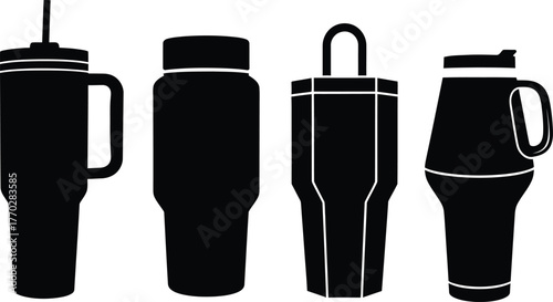 Large insulated tumbler and water bottle black and white vector icons set. Modern beverage flasks and travel mugs with handle and straw silhouette collection for cold drinks, hydration.