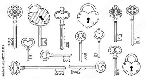 Antique Keys and Padlocks Collection: Vintage Locks Set for Security Concepts, Secret Access & Love Stories;  Hand-Drawn Decorative Elements for Graphic Design, Invitations & Backgrounds, Emblems, Sec