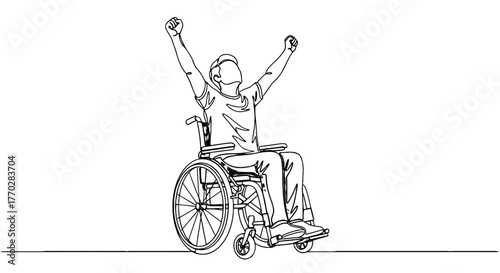 Line Art Illustration: Determined Man in Wheelchair Raising Fists in Celebration Against All Odds, Disability Awareness, Rehabilitation Support, Single Continuous Line Drawing, Healthcare Marketing, M
