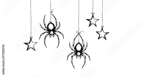 Hanging Halloween Spiders and Stars Decoration: Festive Holiday Ornaments, Creepy Crawly Arachnids in a Whimsical Celebration, Decorative Hanging Elements for Party Invitations and Frightful Designs,