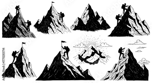 Mountain Climbers Conquering Peaks Vector Illustration: Achieving Goals in Nature, Representing Success, Adventure, and Determination in Business, Travel, and Personal Growth with Vintage Engraving St