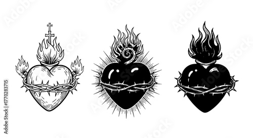 Sacred Heart Set in Symbolic Religious Illustration Style Featuring Hearts Surrounded by Thorns and Flames, Representing Faith, Sacrifice, and Devotion for Graphic Design Elements and Tattoo Art Proje