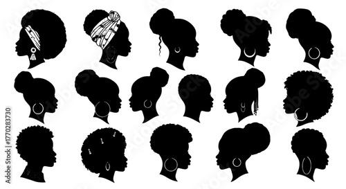 Diverse Black Women Silhouettes with Natural Hairstyles: Representing Identity, Empowerment, and Cultural Heritage for Beauty Industry Designs and Celebrating African American Beauty in Visual Arts, F
