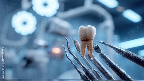 Dental examination tools and extracted tooth in a modern clinic setting with blue tones