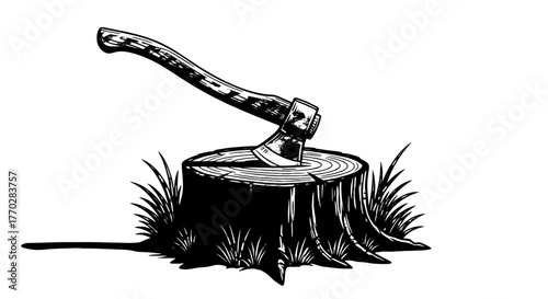 Axe Embedded in Tree Stump Illustration - Woodcutting, Forestry, Logging Industry Design Element, Lumberjack Tool, Hand Drawn, Etching Style for Rustic Decor and Outdoorsy Projects (Nature, Camp, Cabi