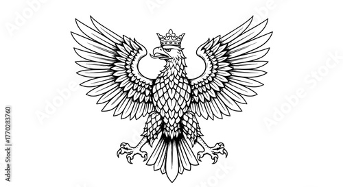 Majestic Eagle Emblem Spread Wings Regal Flight with Crown Symbolizing Heritage and Strength Over White Backdrop for Graphic Design, Branding, and National Pride, Vintage Illustration, Ornamentation,