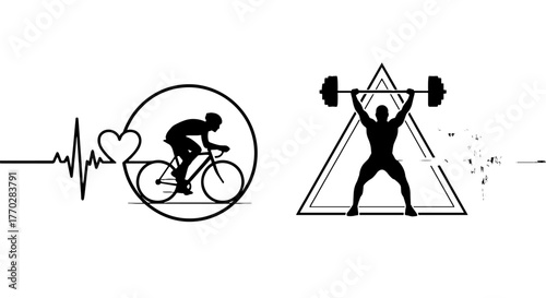 Fitness Lifestyle Concept with Cyclist and Weightlifter Icons: Exercise Motivation, Health, Strength Training, Cardio Workout, Sports Illustration for Wellness Programs & Graphic Design Projects, Feat