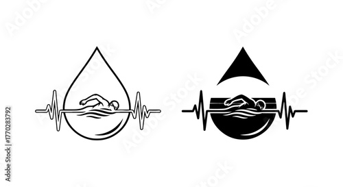 Swimming Fitness Heartbeat: Swimmer in Water Drop Silhouette Icons with Cardiac Rhythm – Represents Athleticism, Endurance, Healthcare, Wellness, and Vitality for Sport Promotion, Medical Presentation
