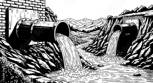 Effluent Discharge from Pipes into River Depicts Environmental Pollution in a Natural Landscape, Showcasing Water Contamination and Industrial Impact on Ecosystems for Conservation Efforts, Graphic Il