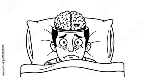 Insomniac Man Lying in Bed with Active Brain Thinking Overthinking, Suffering from Sleeplessness, Anxiety, Mental Health Issues, in Monochrome Illustration Style for Healthcare and Psychological Prese