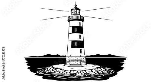 Coastal Lighthouse Beacon Guiding Ships at Sea, Maritime Navigation and Safety, Standing Tall on Rocky Islet Amidst Ocean Waves, Inspiring Hope and Guidance, Nautical Architecture in Marine Environmen