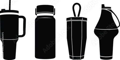 Large insulated water bottle and tumbler black and white vector icons set. Modern beverage flasks and travel mugs with handle, loop, and straw silhouette collection for hydration and outdoor activity.