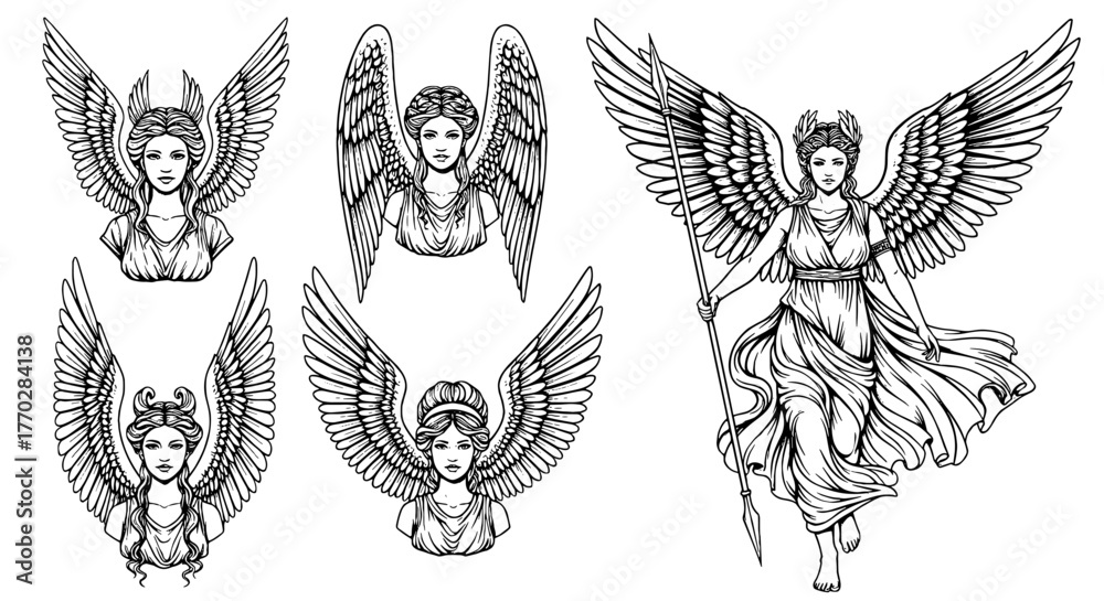 Fototapeta premium Divine Winged Goddesses Illustrations Set: Classic Ancient Mythology Depictions for Spiritual Concepts, Fantasy Art, & Inspirational Designs, Angelic Figures in Graphic Novels and Creative Projects (L