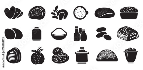 Carbohydrates Icon Set – Food and Nutrition Vector Symbols. Bread, Rice, Pasta, and Grains Vector.