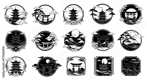 Japanese Pagodas and Torii Gates Set in Circular Designs Showcasing Traditional Architecture Amidst Mountain Landscapes, Ideal for Travel, Culture, Spirituality, and Graphic Design Projects, Incorpora
