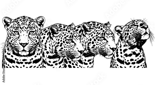 Majestic Leopards Staring, Gazing in the Wild Jungle: Wildlife Portraits for Conservation, Nature Documentary, Zoology Study and African Safari Adventure Tourism, in Black and White Graphic Illustrati