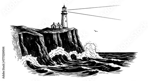 Lighthouse Beacon on Cliffside Waves Crashing Vintage Engraving Illustration, Coastal Navigation, Seascape Scene with a Tower Shining Light, Sea Storm, Maritime History, Navigation and Guidance for Tr