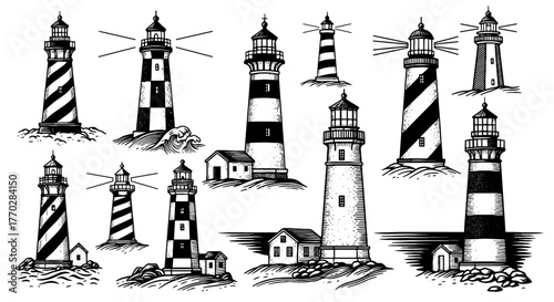 Collection of Lighthouse Illustrations Navigating Coastal Regions: Maritime Guidance & Nautical Navigation Elements for Travel, Tourism & Safety Designs, Offering Architectural Landmarks in Line Art