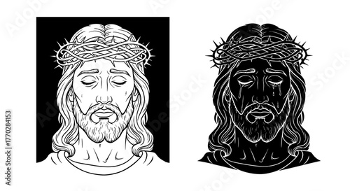 Detailed Line Art Depiction of Jesus Christ with Crown of Thorns: Spiritual Symbolism for Religious Devotion, Faith-Based Projects, and Church Imagery, Offering a Contemplative, Traditional Illustrati