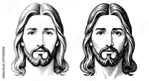 Engraved Portrait of a Religious Figure with Intricate Halftone and Crosshatch Details, Representing Faith and Spirituality in Artistic Renditions, Ideal for Historical Presentations, Religious Illust