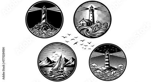 Nautical Lighthouse & Sailboat Voyage Illustrations:  Vintage Maritime Engravings on the Open Sea, Coastal Adventure Icons for Travel, Tourism, Marine Industry Projects.  Woodcut Style Graphics for Bu