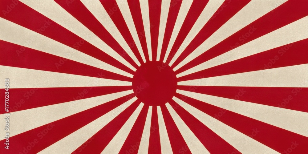 Fototapeta premium Rising sun design featuring red and white rays on beige background as a symbol of Japan's culture and history