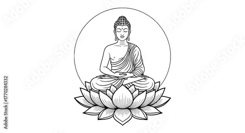 Meditating Buddha on Lotus Flower Illustration: Spiritual Enlightenment, Peaceful Contemplation & Mindfulness Practices for Well-being, Zen, Meditation, & Relaxation, Sacred Geometry, Religious Symbol