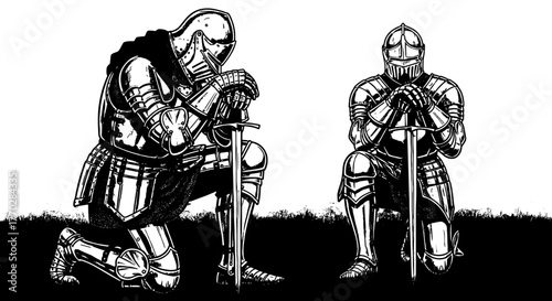 Kneeling Medieval Knights in Armor Praying with Swords on Battlefield, Seeking Guidance for Honor, Courage & Victory; Ideal for Historical Illustrations, Fantasy Concept Art, Courage, Strength, Power,
