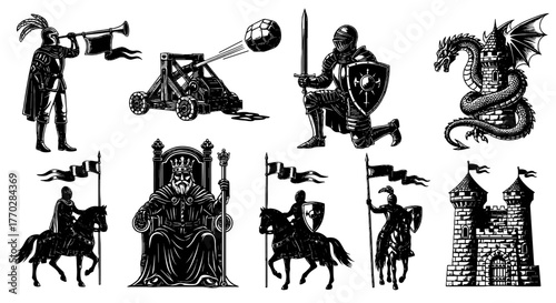 Epic Medieval Kingdom Illustrations: Majestic King on Throne, Knight Charging on Horseback, and Dragon Guarding Castle Tower for Fantasy Game, History Books, Dark Ages Art, Royal Emblem, Black and Whi
