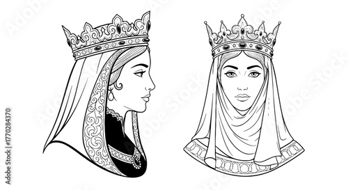 Elegant Queens Portraits Illustration in Black and White, Medieval Royal Figures with Veils, Ideal for History Book Illustrations and Historical Fiction, Fantasy Art, Royalty Illustrations, Cultural H
