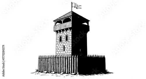 Medieval Fortified Watchtower Stand Amidst a Wooden Palisade Defense Structure, Vigilant Outpost Securing Ancient Territory, Illustrative Bastion for Historical Documentation & Strategic Military Defe